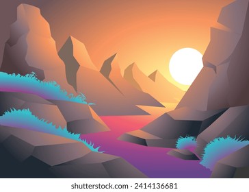 Beautiful Cartoon fantasy Landscape with sunset or sunrise and mountain range with river flow