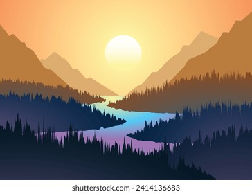 Beautiful Cartoon fantasy Landscape with sunset or sunrise mountain range cold morning mist in the mountain summit