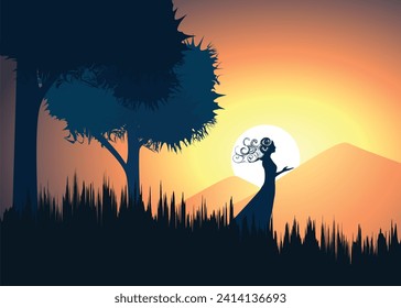 Beautiful Cartoon fantasy Landscape with sunset or sunrise with a shaman or woman praying