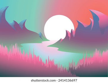 Beautiful Cartoon fantasy Landscape with sunset or sunrise in a magical purple canyon