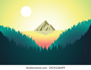 Beautiful Cartoon fantasy Landscape with sunset or sunrise with lake in the middle of the forrest