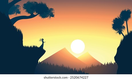 Beautiful Cartoon fantasy Landscape with sunset or sunrise with a shaman or magical woman praying to god