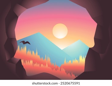 Beautiful Cartoon fantasy Landscape with sunset or sunrise mountain range color full with hidden face