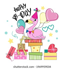 Beautiful cartoon flamingo with boxes of gifts and balloons. Vector illustration isolated. Birthday card