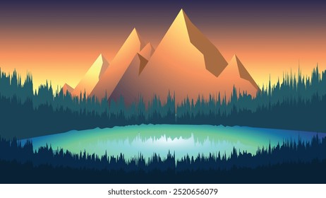 Belo desenho plano de desenhos animados Paisagem com pôr do sol ou vista do nascer do sol da cordilheira e lago com camada de árvores de floresta vista majestosa