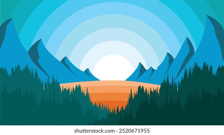 Hermoso diseño plano de dibujos animados Paisaje con vista al atardecer o al amanecer de la cordillera azul con capa de árboles del bosque y lago en el medio con vista majestuosa