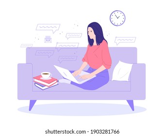 Beautiful cartoon flat girl sitting at a laptop in the room. Vector illustration modern style.