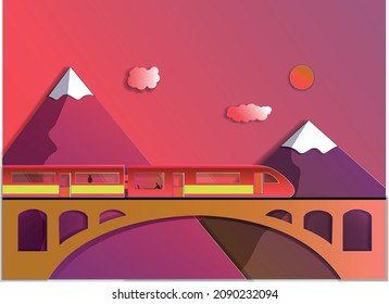 Beautiful cartoon flat train in eps 10,vector illustration of highspeed transport with bridge,cloud,sun and mountains in pink and violet colours, can be used as a background,icon,book illustration