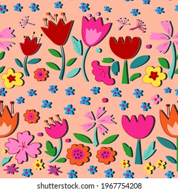 Beautiful cartoon flowers. Summer colorful background. Seamless pattern. 