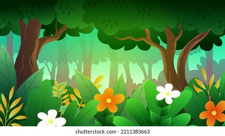 Beautiful Cartoon Forest with thick bushes, Flower and trees, landscape vector illustration