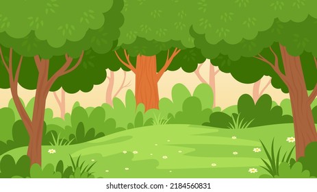 Beautiful cartoon forest with trees and grass flat style vector illustration