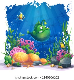 Beautiful cartoon funny green fish, coral and colorful reefs and algae on sand. Vector illustration of sea landscape.