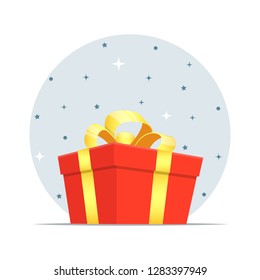 Beautiful cartoon gift box, isometric, decorated with a shiny ribbon tied with a bow on top. Cute colorful vector illustration for holiday greeting design