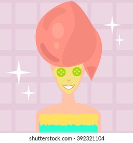 Beautiful cartoon girl in the bathroom, self care. Vector illustration