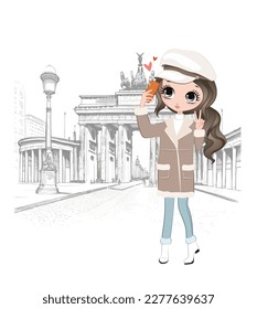 beautiful cartoon girl in Berlin taking selfie