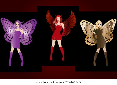 Beautiful cartoon girl with butterfly wings and demonic wings and horns, dressed in purple, brown, red dresses and boots and long gloves, purple, blonde and red hair on a black background.