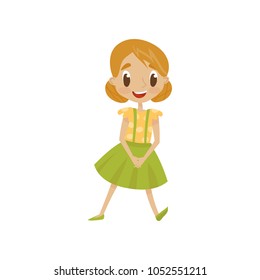 Beautiful cartoon girl character in charming dress, cute kid in fashionable clothes vector Illustration on a white background