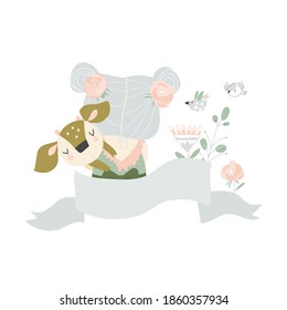 Beautiful cartoon girl with cute deer.Best friends