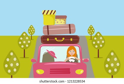 Beautiful cartoon girl is driving a pink car. She is going to vacation. There are a few suitcases and boxes on the roof of car. Road, trees, clouds. Vector illustration