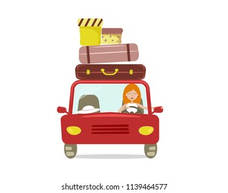 Beautiful cartoon girl is driving a red car. She is going to vacation. There are a few suitcases and boxes on the roof of car. Vector illustration