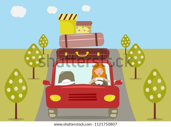 Beautiful cartoon girl is\
driving a red car. She is going to vacation. There are a few\
suitcases and boxes on the roof of car. Road, trees, clouds. Vector\
illustration