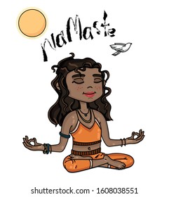 A beautiful cartoon girl is meditating. White background with sun and bird. Vector illustration of cute girl in lotus pose and doing yoga. Namaste.