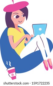 Beautiful cartoon girl with pink beret hat and yellow shirt, sitting on a bean bag chair. She uses a blue laptop, a cup of coffe on her side.
