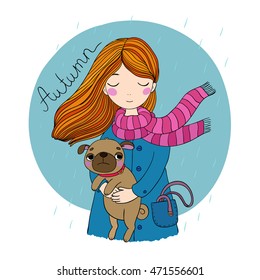 Beautiful cartoon girl and pug. Cute dog. Autumn theme. Hand drawing isolated objects on white background. Vector illustration. 