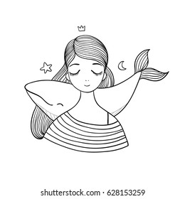 Beautiful cartoon girl sailor with a whale. Little Mermaid. Sea animals. isolated objects on white background. Vector illustration. 