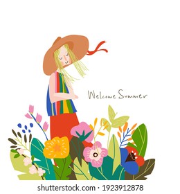 Beautiful cartoon girl standing in flowers garden