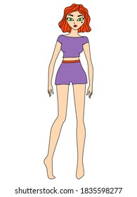 Beautiful cartoon girl in violet clothes and with orange hair, vector made as child's drawing