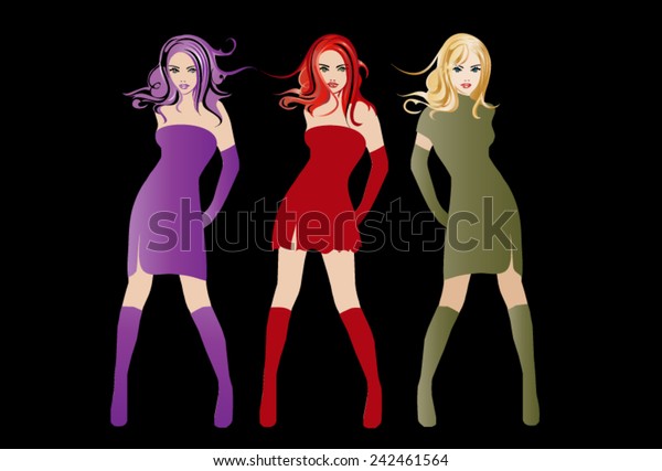 Beautiful Cartoon Girls Dressed Purple Green Royalty Free Stock