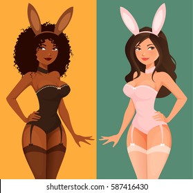 Beautiful Cartoon Girls In Sexy Bunny Costume. Attractive Women In Seductive Lingerie, Burlesque.