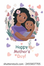 Beautiful cartoon greeting card for Mother's Day. African American mother hugs her child. Vector illustration.