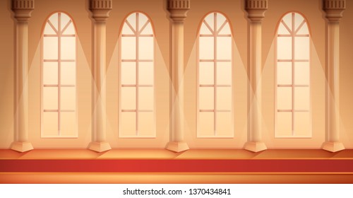 beautiful cartoon hall of a castle with a carpet, vector illustration