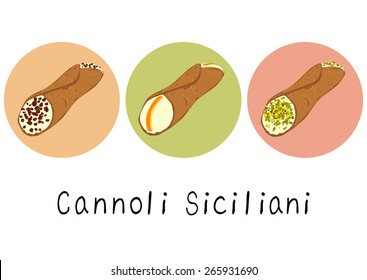 Beautiful cartoon hand drawn set of species of cannoli - typical italian sicilian dessert.