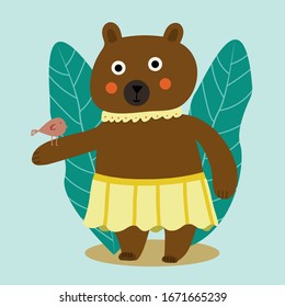 Beautiful cartoon illustration with colorful cartoon bear with bird on soft background. Animal Friendship between bear and bird.