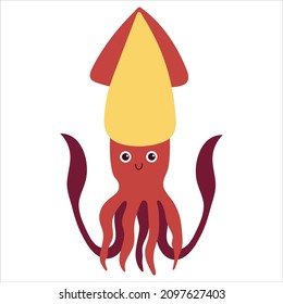 Beautiful cartoon illustration with colorful sea animals squid on white background for print design. Kid graphic. Sea underwater life. Vector isolated hand drawing.