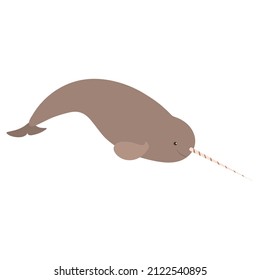 Beautiful cartoon illustration with colorful sea animals narwhale on white background for print design. Kid graphic. Sea underwater life. Vector isolated hand drawing.