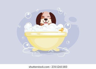 Beautiful cartoon illustration with dog taking a bath in yellow bathtub on purple background. Grooming, washing, pet care, pet salon concept illustration with an adorable puppy. 
