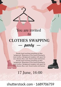 Beautiful cartoon invitation card with girls fashion swap party for clothes design. Reduce and reuse concept. Style Casual clothes. People posing. 