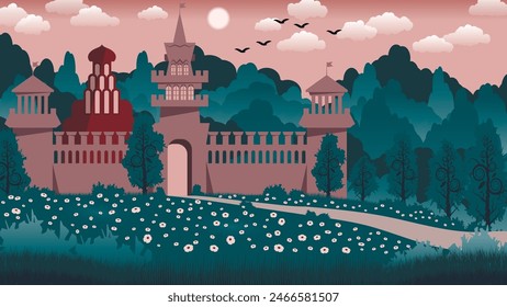 Beautiful cartoon landscape. A castle with towers and a fence on a flower hill among trees against the backdrop of a forest, sky with the sun, clouds, flying birds. Vector.