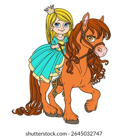 Bonito desenho animado pequena loira princesa em vestido de bola montando em cavalo marrom no fundo branco