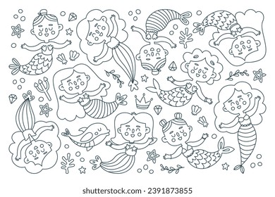 Beautiful cartoon little mermaid coloring book characters isolated set vector illustration. Outlined fantasy underwater nymph princess, magic lovely marine siren swimming among seaweeds plant