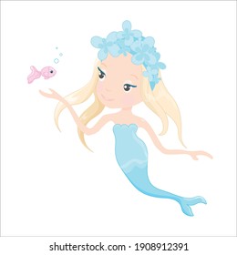 Beautiful cartoon mermaid blond hair blue flower crown vector iilustration. Pink fish