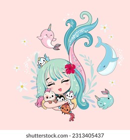 Beautiful cartoon mermaid and narwhal in kawaii and anime style. Vector illustration art isolated on a pink background. Print for children's T-shirt