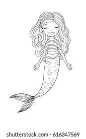 Beautiful cartoon mermaid. Siren. Sea theme. Hand drawing isolated objects on white background. Vector illustration. Coloring book