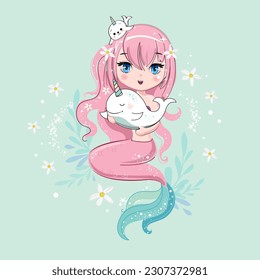 Beautiful cartoon mermaid and whal in kawaii anime style. Vector illustration art isolated on a blue background. Print for children's T-shirt