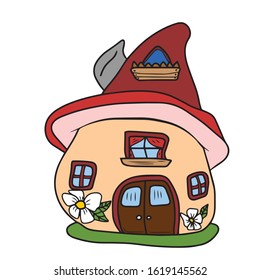 Beautiful cartoon mushroom house with flowers.Vector illustration on a white isolated background.Botanical design for postcards and banners.building