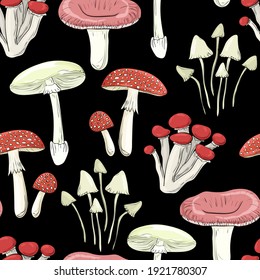 Beautiful cartoon mushrooms. Seamless pattern. Print for backgrounds, printing on fabric, paper, wallpaper, packaging.